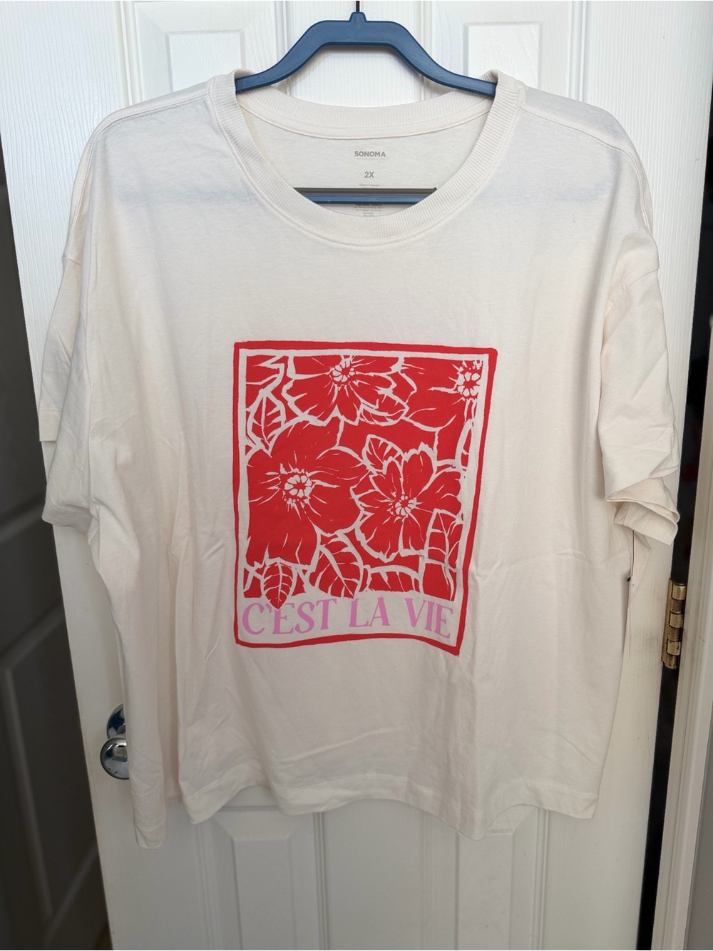 Sonoma Cream Tee with Red Floral Panel and Pink Text